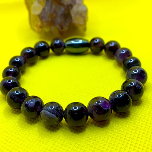 Amethyst Semiprecious Stone and Hematite Handmade Stretch Bracelet ~ 7” ~ NWOT - Picture 2 of 7